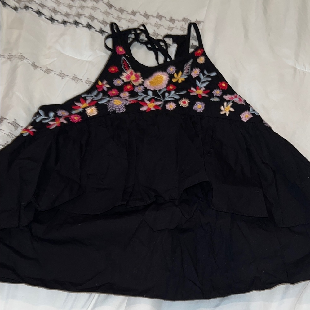 Zara Black Top with Colorful Floral Embroidery